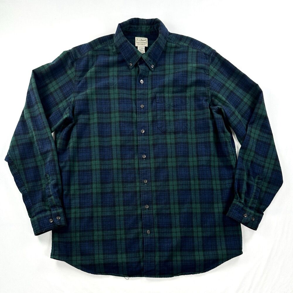 LL Bean Flannel Shirt Mens XLT Blue Plaid Traditional Fit Button Down Cotton